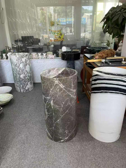 Natural White Marble Freestanding Pedestal Basin – Modern Polished Stone Sink for Bathrooms