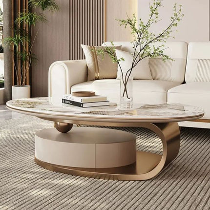 Modern living room with a round coffee table and white sofa.