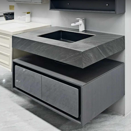 Modern Grey Wall Mounted Bathroom Vanity with Rectangular Sink and Storage Cabinet