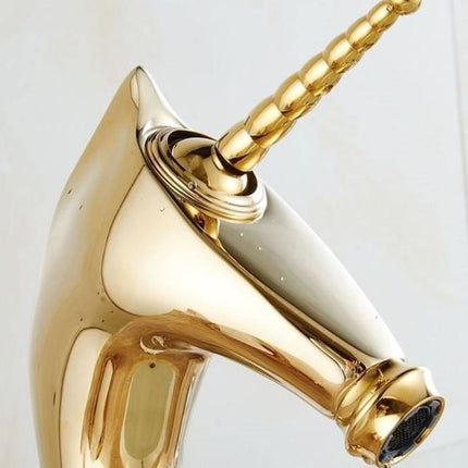 Gold Faucet Electroplated Unicorn Design Deck-Mounted Black Basin Faucet – Single Long Handle Mixer Tap in Electroplated Gold Brass & Copper