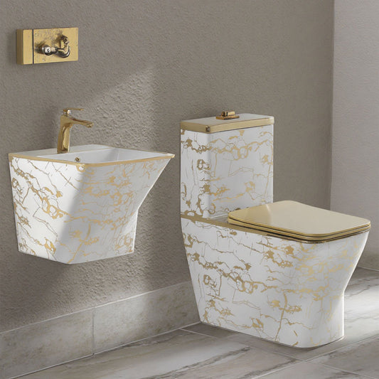 Luxury Square White & Gold One-Piece Toilet with Matching Wall-Hung Basin – Modern Porcelain Bathroom Commode