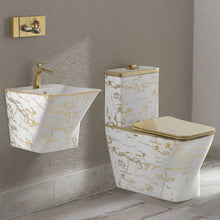 Load image into Gallery viewer, Luxury Square White &amp; Gold One-Piece Toilet with Matching Wall-Hung Basin – Modern Porcelain Bathroom Commode
