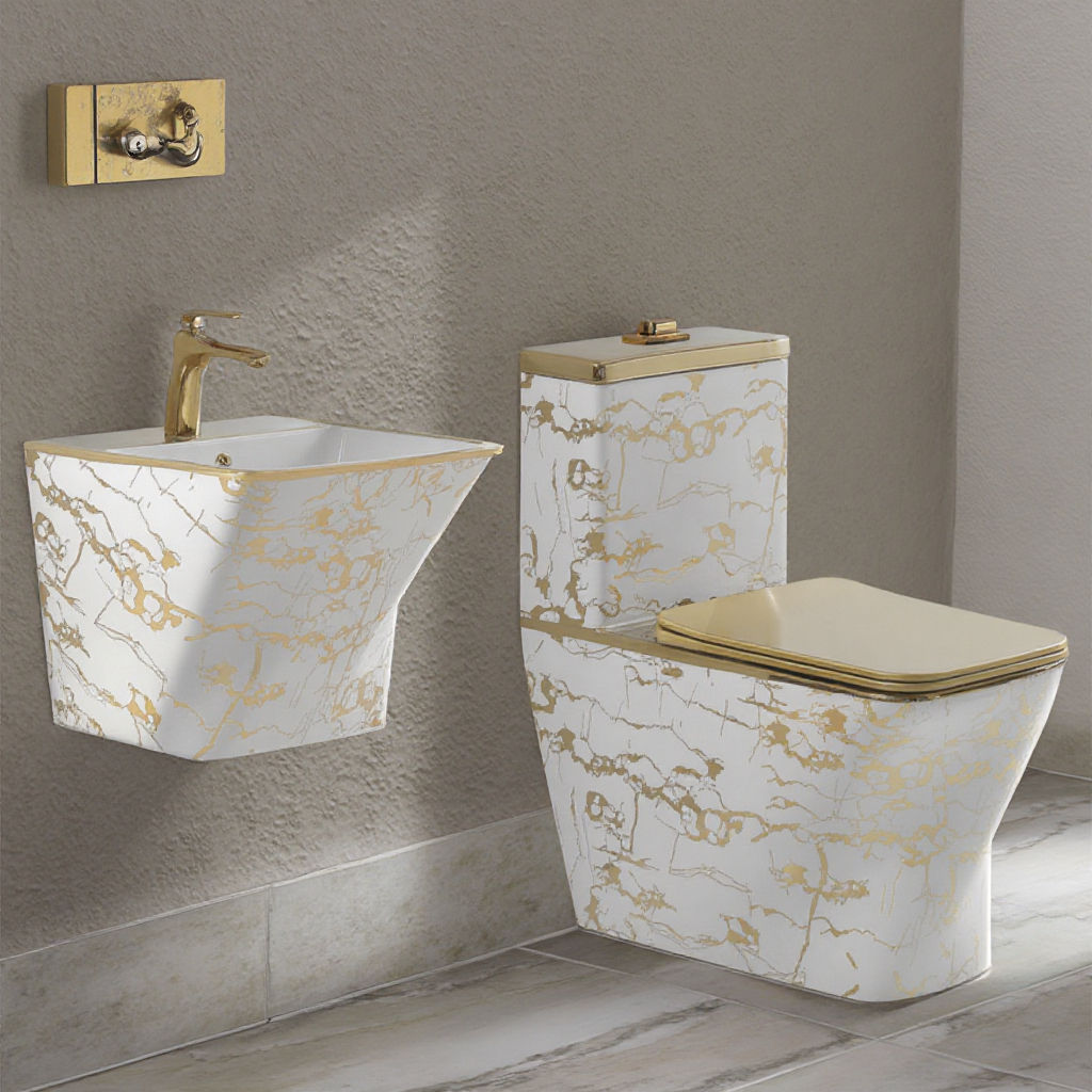 Luxury Square White & Gold One-Piece Toilet with Matching Wall-Hung Basin – Modern Porcelain Bathroom Commode