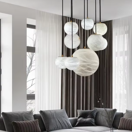 Luxury Modern Multi-Head Round Ball Real Authentic Alabaster Stone Pendant Light 100cm