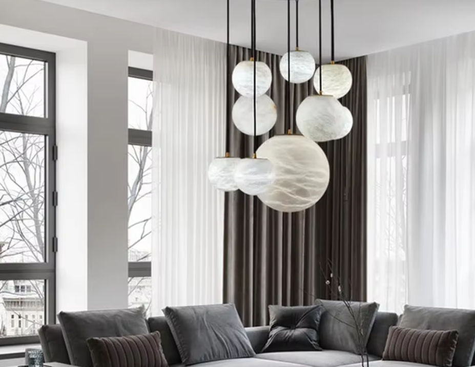 Luxury Modern Multi-Head Round Ball Real Authentic Alabaster Stone Pendant Light 100cm