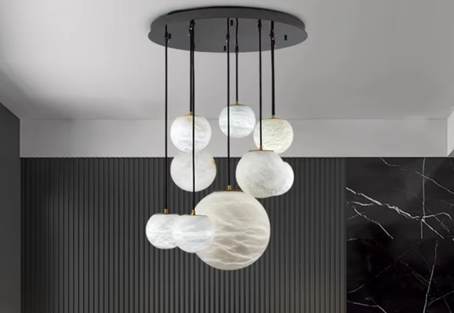 Luxury Modern Multi-Head Round Ball Real Authentic Alabaster Stone Pendant Light 100cm