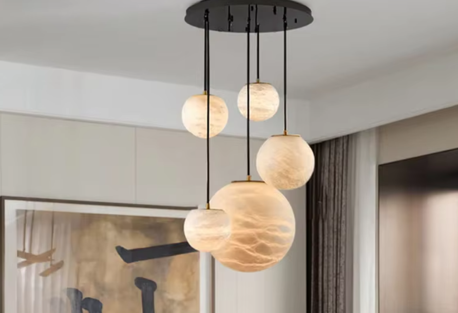 Luxury Modern Multi-Head Round Ball Real Authentic Alabaster Stone Pendant Light 100cm