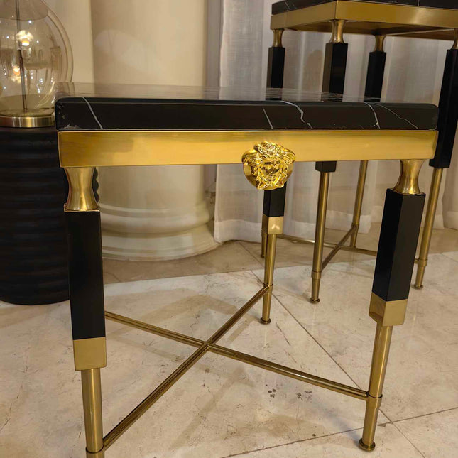 Side Table Polished Marble Seat Gilded Medusa Medallion Detail Geometric Silhouette Refined Opulence Ideal  Luxury Interiors