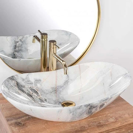Glossy White and Gray  Boat Shape Luxury Marble Countertop Bathroom Basin