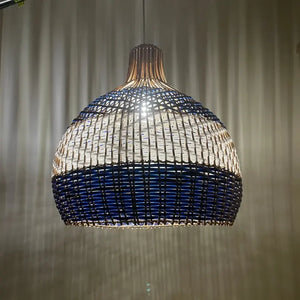 Rattan Hand-Woven Ceiling Pendant Light – Blue & White Lampshade for Modern Home Décor & Chandelier Lighting