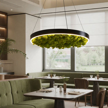 Unique RGB Dimmable LED Ceiling Light – Modern Round Chandelier with Moss Decoration for Restaurants & Cafes