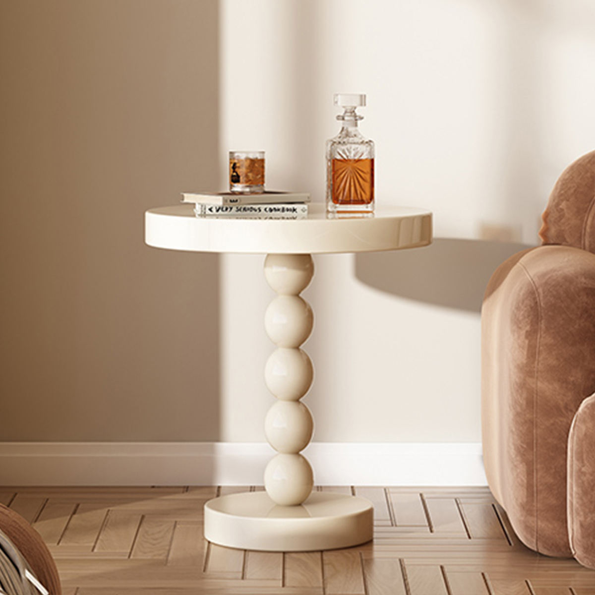 Modern Cream White Side Table – High-End Small Round Coffee Table for Living Room & Home Décor
