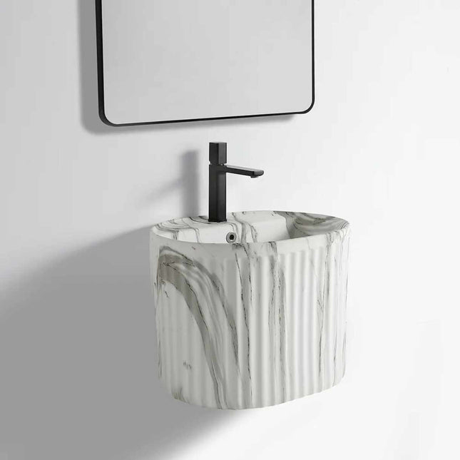 Keramikwaschbecken im grauen Marmor-Design – Wandhängendes Halbsäulenwaschbecken