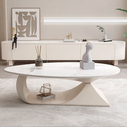 Table basse ovale minimaliste couleur bois – Table centrale à panneaux de pierre pour petits appartements et salons