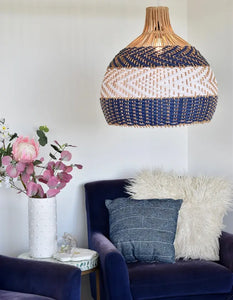 Rattan Hand-Woven Ceiling Pendant Light – Blue & White Lampshade for Modern Home Décor & Chandelier Lighting