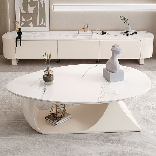 Minimal Wood-Color Oval Coffee Table – Rock Panel Center Table for Small Apartments & Living Rooms