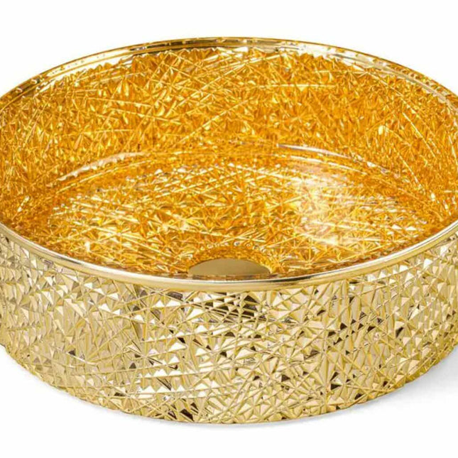 Gold Tempered Glass Wash Basin – Cylindrical Crystal Tabletop Sink for Modern Bathrooms