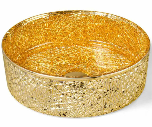 Gold Tempered Glass Wash Basin – Cylindrical Crystal Tabletop Sink for Modern Bathrooms