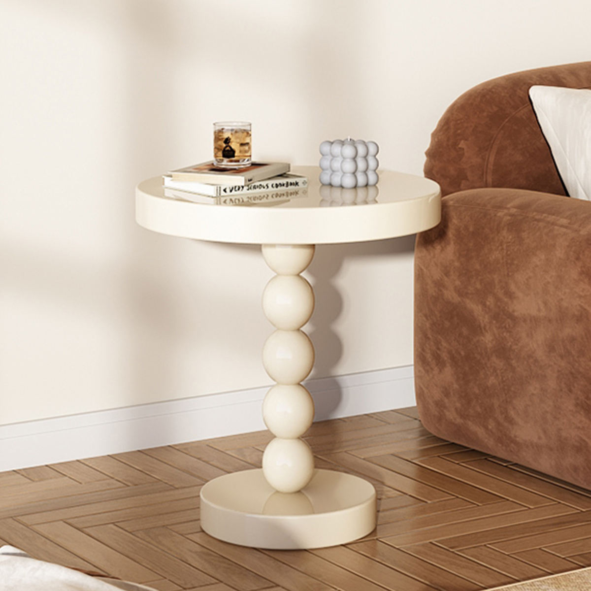 Modern Cream White Side Table – High-End Small Round Coffee Table for Living Room & Home Décor