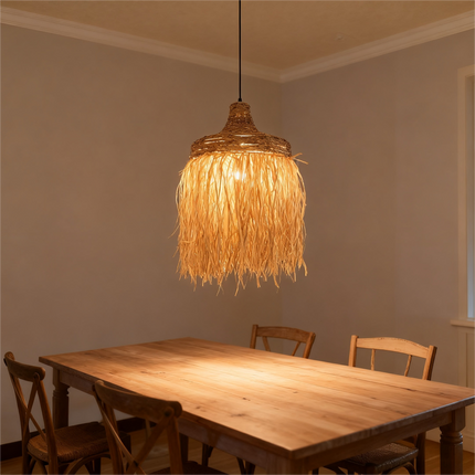 Boho Style Handwoven Rattan Pendant Light – Natural Straw Fringed Hanging Lamp for Living & Dining Rooms