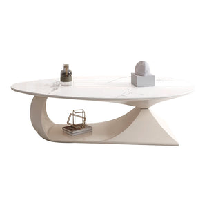 Minimal Wood-Color Oval Coffee Table – Rock Panel Center Table for Small Apartments & Living Rooms