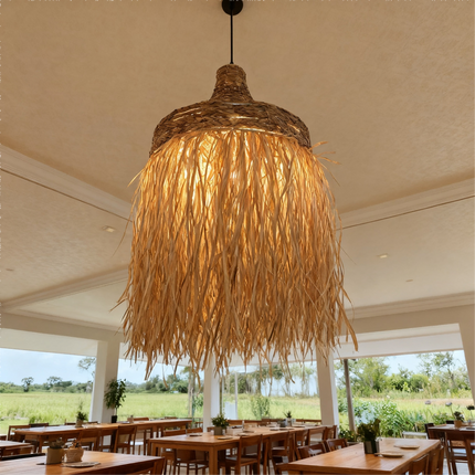Boho Style Handwoven Rattan Pendant Light – Natural Straw Fringed Hanging Lamp for Living & Dining Rooms