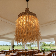 Load image into Gallery viewer, Boho Style Handwoven Rattan Pendant Light – Natural Straw Fringed Hanging Lamp for Living &amp; Dining Rooms
