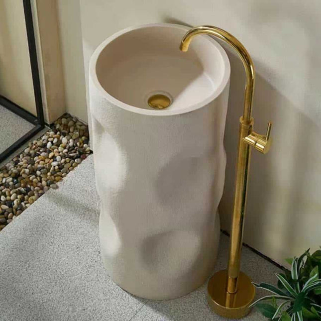 Zylindrisches, freistehendes Standwaschbecken – Waschtisch aus cremefarbenem Kunststein