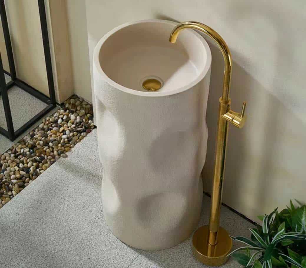 Cylindrical Freestanding Pedestal Sink – Cream Artificial Stone Bathroom Wash Basin