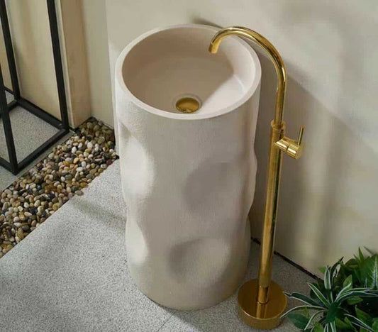 Cylindrical Freestanding Pedestal Sink – Cream Artificial Stone Bathroom Wash Basin