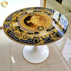 Italian design modern shiny gold round coffee table slate mirror tempered glass top luxury center coffee table