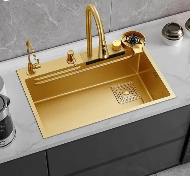 Stainless Steel Sink Gold Waterfall Faucet Single Bowl Kitchen Sinks Basin