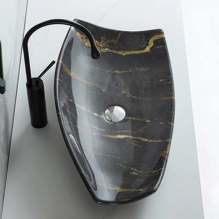Luxury Irregular Black Porcelain Vessel Sink – Modern Art Face Boat Shape Countertop Hand Wash Basin for Bathroom Vanity