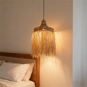 Boho Style Handwoven Rattan Pendant Light – Natural Straw Fringed Hanging Lamp for Living & Dining Rooms