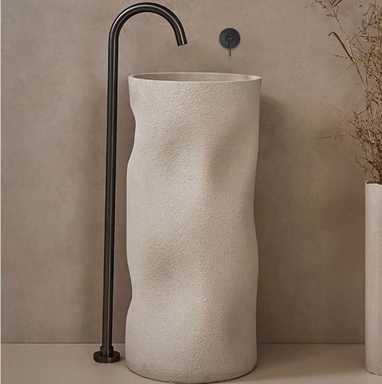 Cylindrical Freestanding Pedestal Sink – Cream Artificial Stone Bathroom Wash Basin