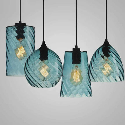 Set of 4 Modern Handmade Blue Glass Pendant Chandelier – Screw Thread Hanging Lamp Lighting Fixture for Dining Room & Home Décor