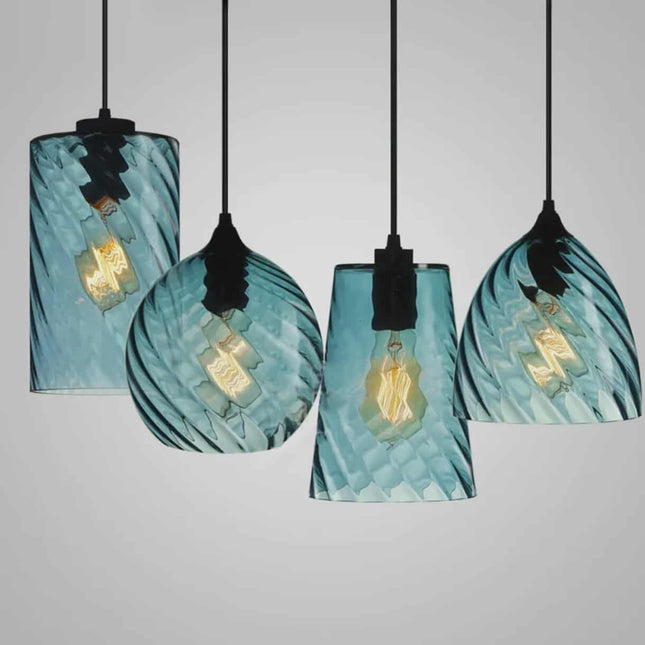 Set of 4 Modern Handmade Blue Glass Pendant Chandelier – Screw Thread Hanging Lamp Lighting Fixture for Dining Room & Home Décor