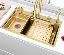 Lade das Bild in den Galerie-Viewer, Gold Stainless Steel 304 Rainfall Faucet Above Counter Sink  Multifunctional Kitchen Sinks

