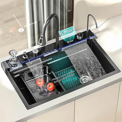Évier de cuisine haut de gamme en acier inoxydable 304 Nano anti-rayures, noir, avec lave-tasses automatique et plateau en verre trempé (80 x 45 cm).