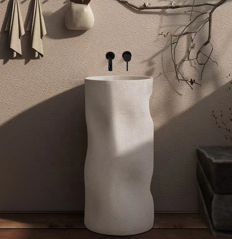 Cylindrical Freestanding Pedestal Sink – Cream Artificial Stone Bathroom Wash Basin