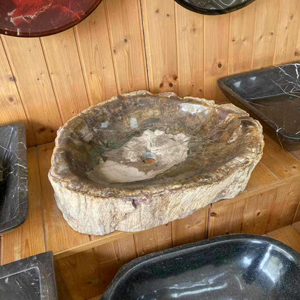 Natural Woodstone & Petrified Wood Marble Wash Basin – Luxury Bathroom or Outdoor Stone Sink