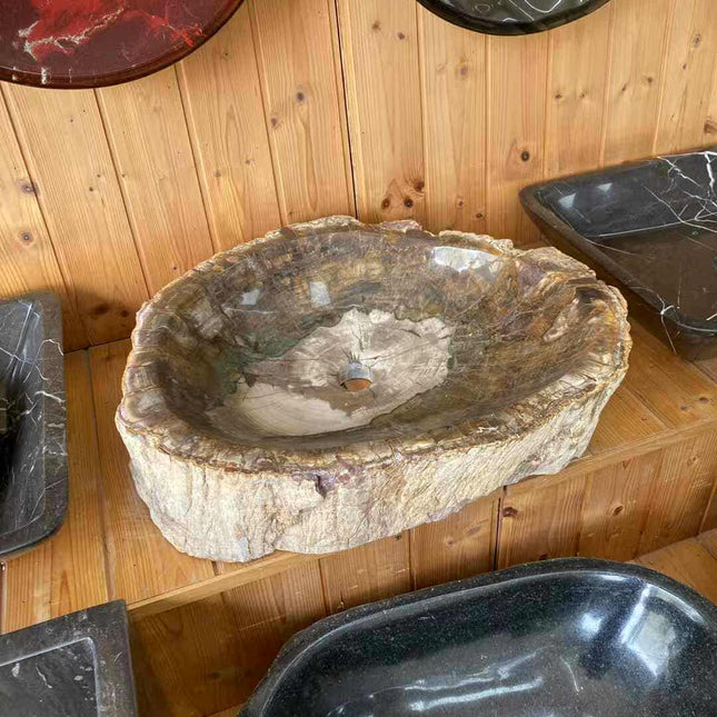 Natural Woodstone & Petrified Wood Marble Wash Basin – Luxury Bathroom or Outdoor Stone Sink