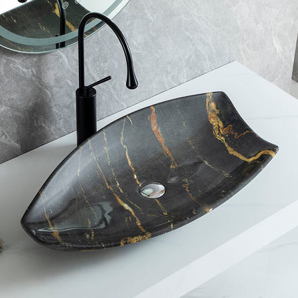 Luxury Irregular Black Porcelain Vessel Sink – Modern Art Face Boat Shape Countertop Hand Wash Basin for Bathroom Vanity
