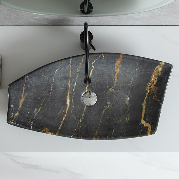 Luxury Irregular Black Porcelain Vessel Sink – Modern Art Face Boat Shape Countertop Hand Wash Basin for Bathroom Vanity