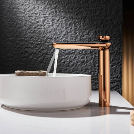 Rose Gold Modern Bathroom Sink Faucet Made of Solid Brass, Bathroom Vanity Art Faucet with High Pressure Hot and Cold Water Hose