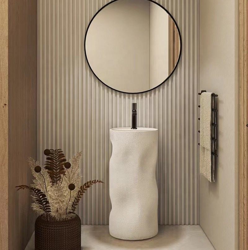 Cylindrical Freestanding Pedestal Sink – Cream Artificial Stone Bathroom Wash Basin