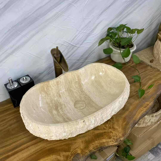 Natural Stone Cream Marble Wash Basin with Rough Edge – Handcrafted Bathroom Sink for Rustic & Luxury Interiors
