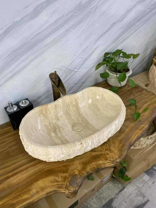 Natural Stone Cream Marble Wash Basin with Rough Edge – Handcrafted Bathroom Sink for Rustic & Luxury Interiors