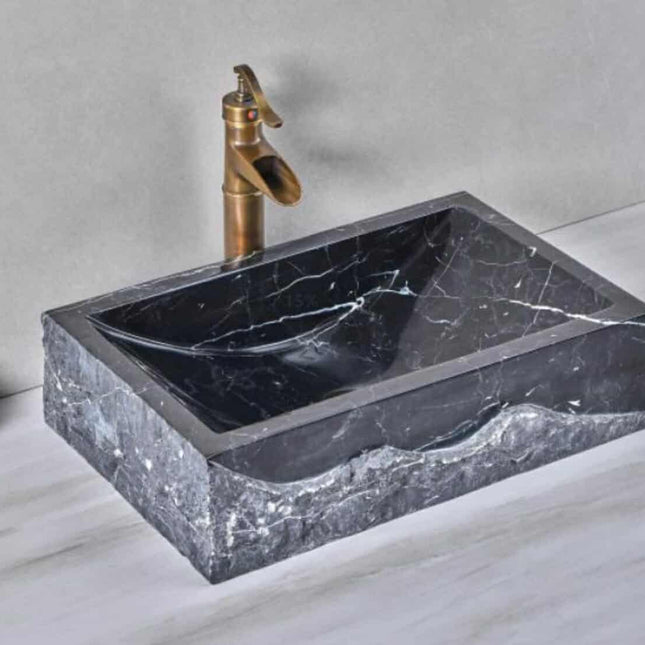 Modern Rectangular Bathroom Sink – Natural Nero Marquina Marble Stone Wash Basin