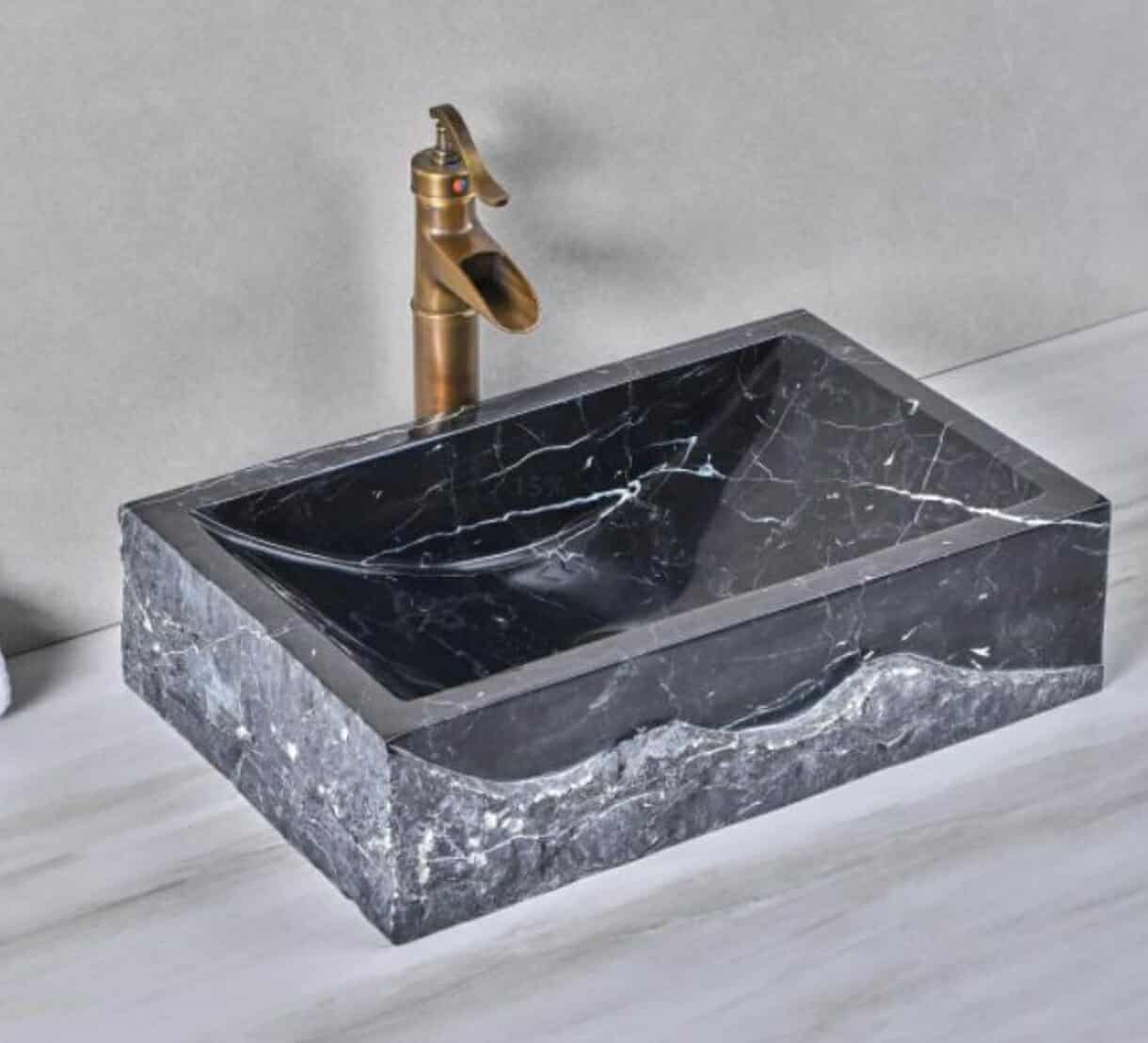 Modern Rectangular Bathroom Sink – Natural Nero Marquina Marble Stone Wash Basin